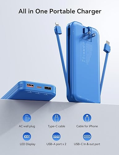 Miniatura 2 de Cargador ultraportátil de 12000 mAh con cables integrados y enchufe de pared de CA, cargador de teléfono celular PD20W USB-C de carga rápida,
