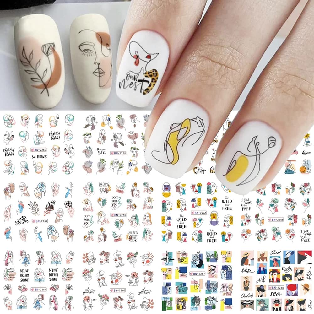 12 Sheets Abstract Face Nail Stickers Water Transfer Nail