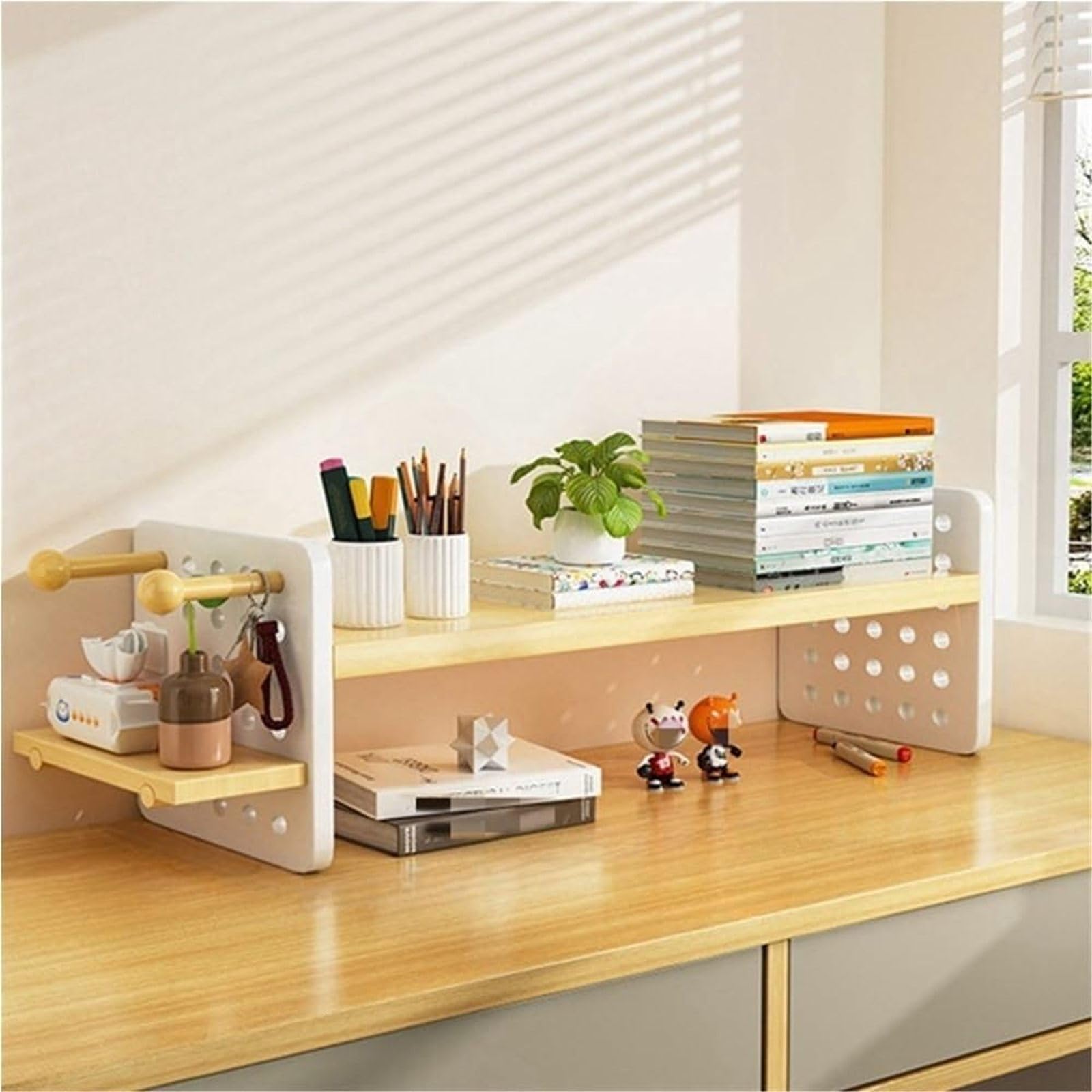 Organizador de escritorio de madera multifuncional con ganchos para tablero de clavijas, estante de exhibición compacto para oficina en casa (60 x 15 x 22 cm), estantería de madera elegante y práctica