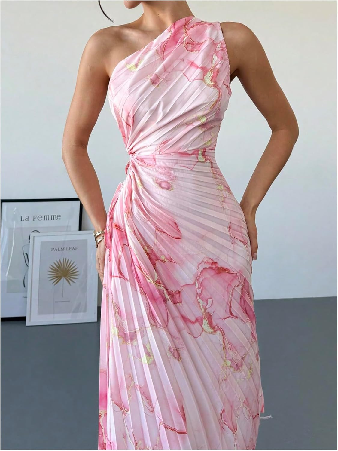 Milumia Women's Tie Dye One Shoulder Maxi Tank Dress Elegant Pleated Asymmetrical Hem Dresses - Image 4