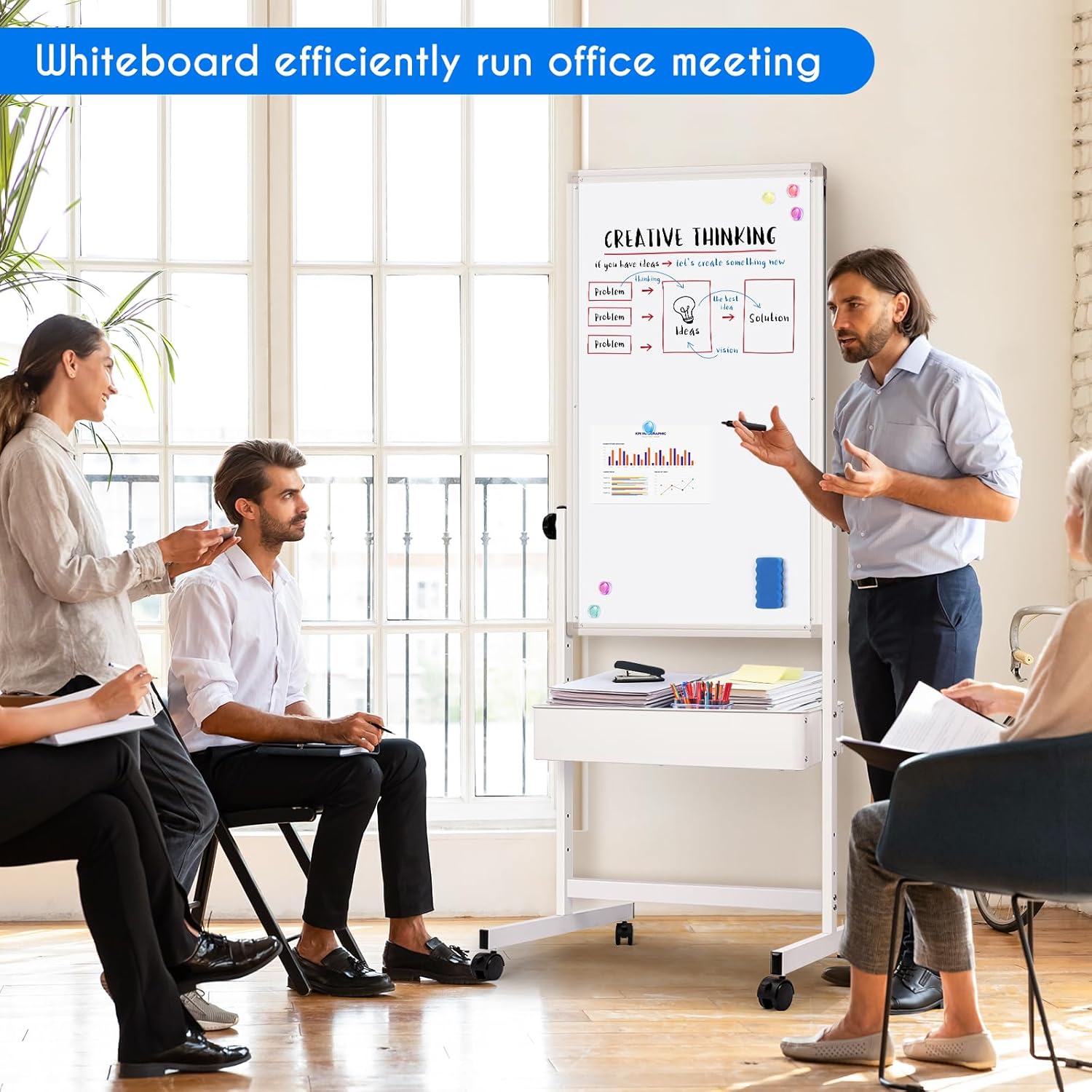 maxtek Mobile White Board Easel, 40x24 Inches Magnetic Storage Dry Erase Board Easel for Classroom, Rolling Height Adjustable Stand on Wheels for Home, School, Teachers & Kids