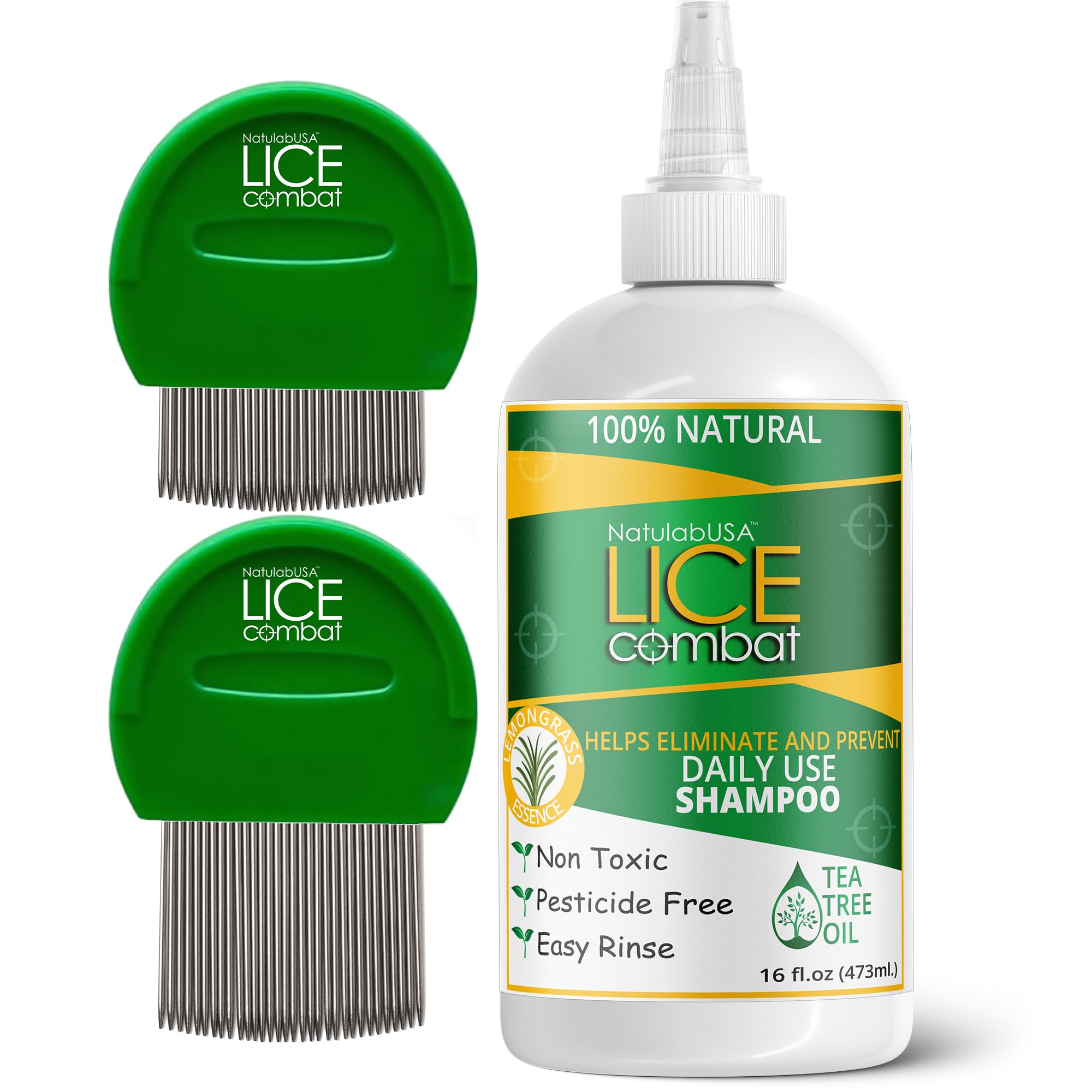 Lice Treatment | Shampoo & Two Combs | Helps Eliminate Lice, Super Lice & Nits | Repels & Prevents | Pesticide Free | 100% Natural | Tea Tree + Coconut Oil | Best Value | Smells Great.