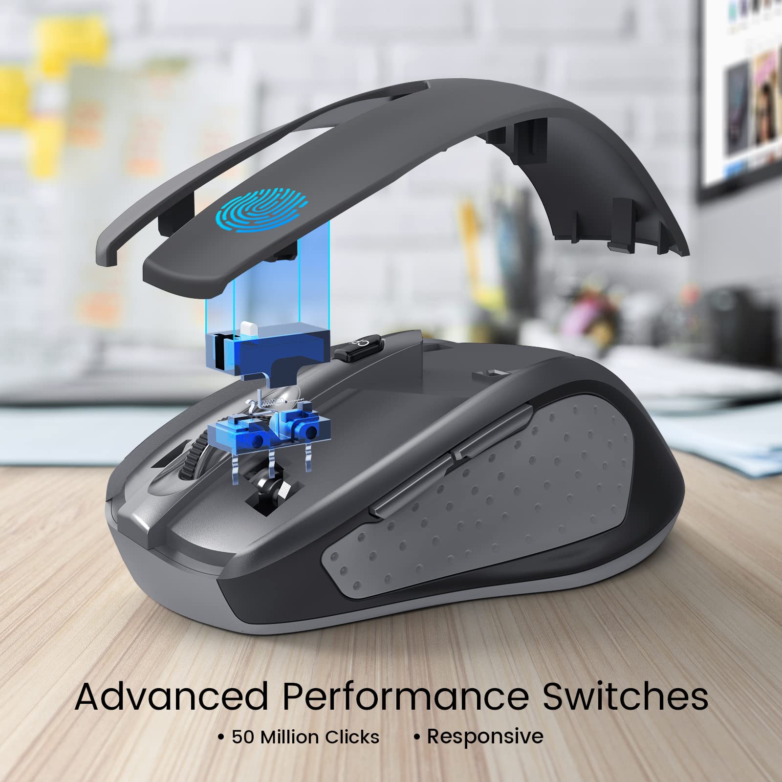 HOTWEEMS Mouse senza fili ergonomico per laptop, mouse senza fili USB 2.4G - Grigio | Mouse portatile D-09 a 5 livelli, 2400 DPI, 6 pulsanti, batteria da 16 mesi, per PC, Mac, Chromebook HOTWEEMS