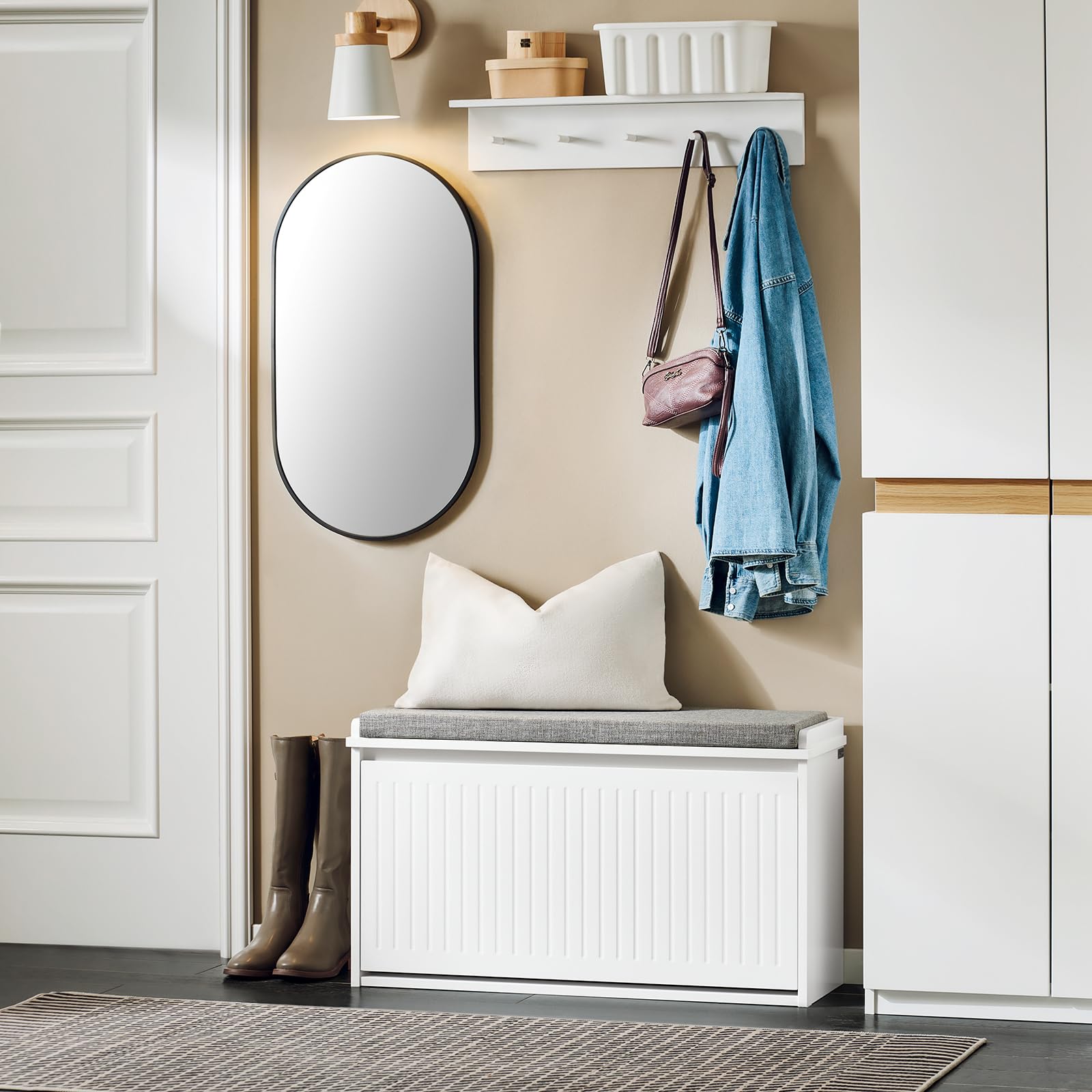 SoBuy FSR98-L-W szafka na buty z siedziskiem i poduszką, obciążenie do 155 kg, do korytarza i salonu, 80 x 45 x 26 cm, biała