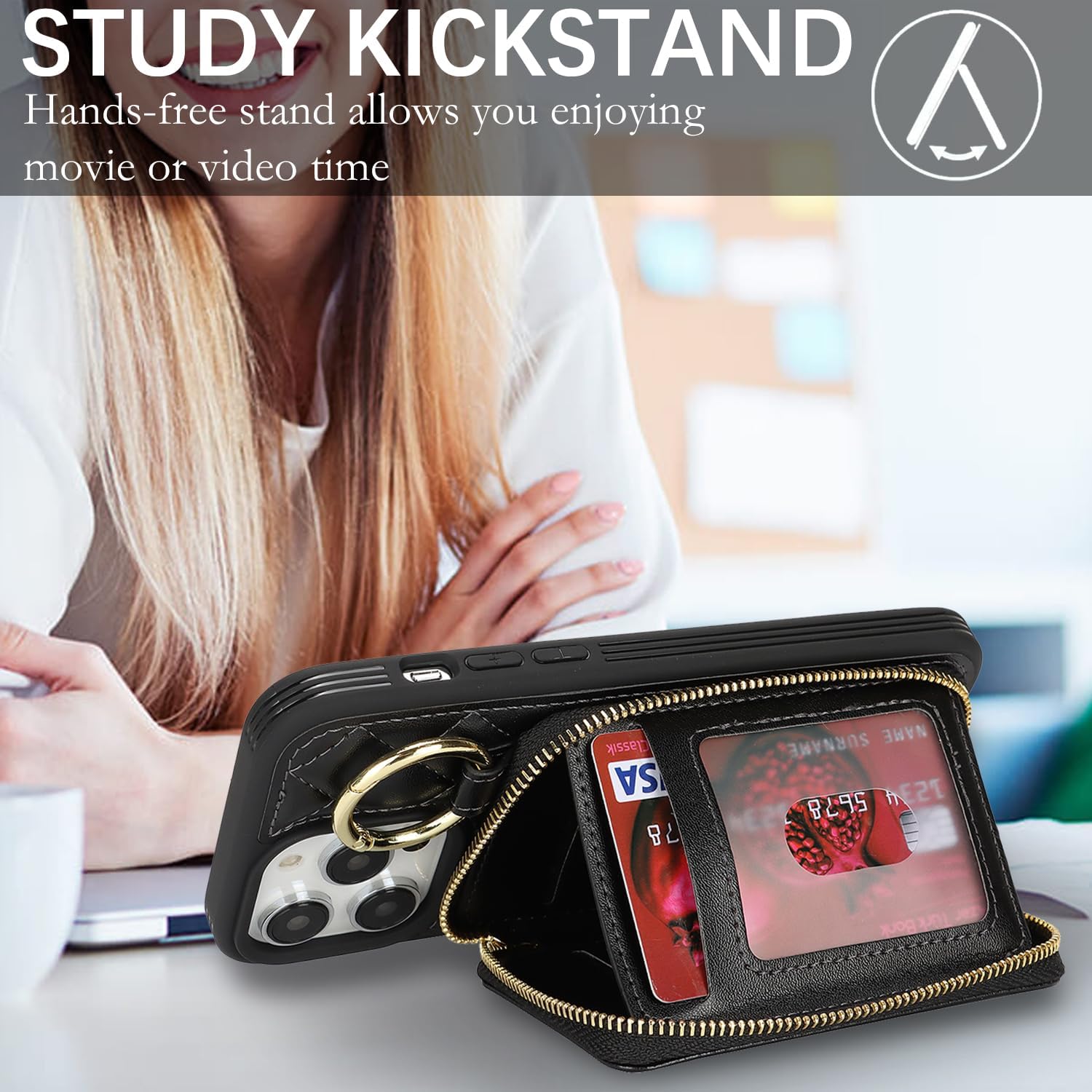 for iPhone 12 pro max Case Wallet with Card Holder,for iPhone 12 pro max Phone case Wallet with Zipper with Slot Kickstand Stand Case for Women and Man 5G 6.7 Inch-Black - Image 3