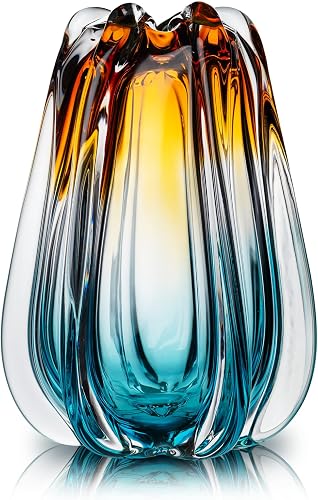 Hand Blown Glass Flower Vase, Amber and Teal Ombre | Decorative Vases Wide Mouth, Art Deco Style, Home Decor, Table Centerpiece, Wedding Decoration