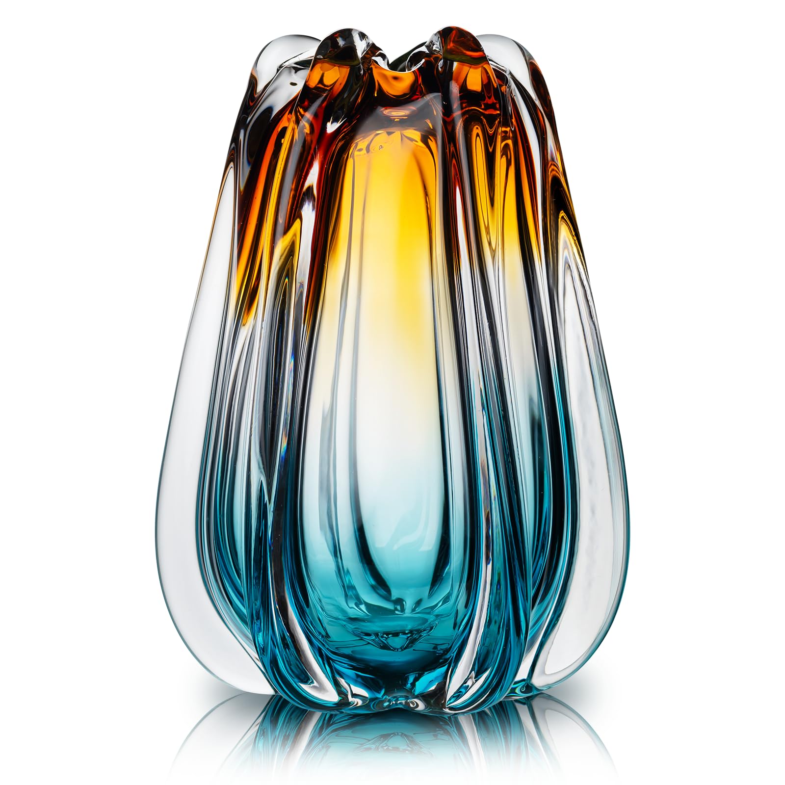 Photo 1 of ZHENGYAOYANG Hand Blown Glass Flower Vase, Amber and Teal Ombre