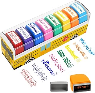 Teacher Stamps for Grading, School Bus Self Inking Stamps Set for Classroom | Motivational Reward Stamps with Sign Return Good Job, Teacher Appreciation Gifts, Back to School Supplies (8 Pcs)