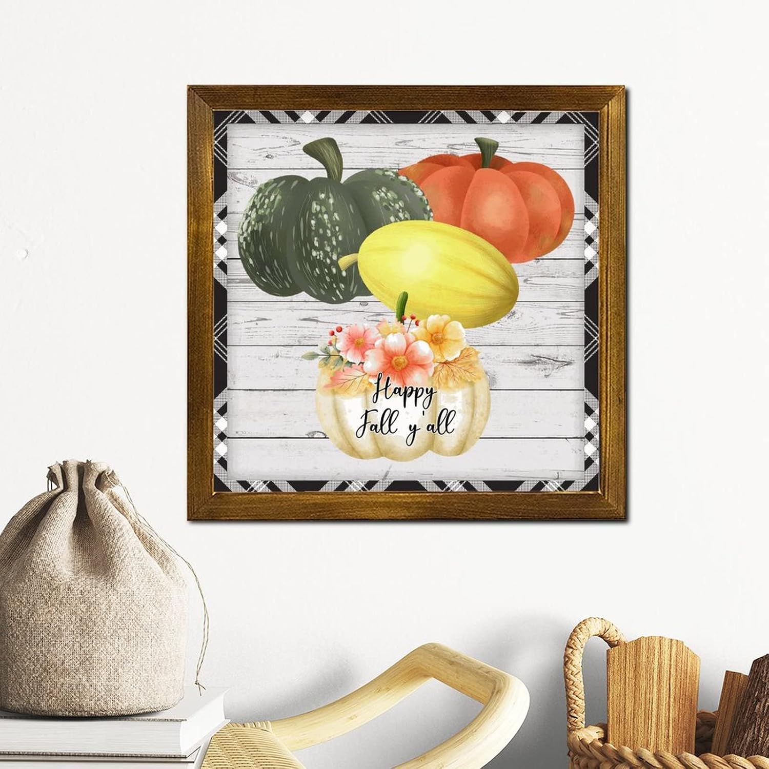Happy Fall Y'all Wood Framed Sign Pumpkin Sunflower Maple Leaves Wall Art Signs Retro Farm Harvest Wood Wall Hanging Decoration for Indoor Holiday Home Classroom Office 12x12 inch