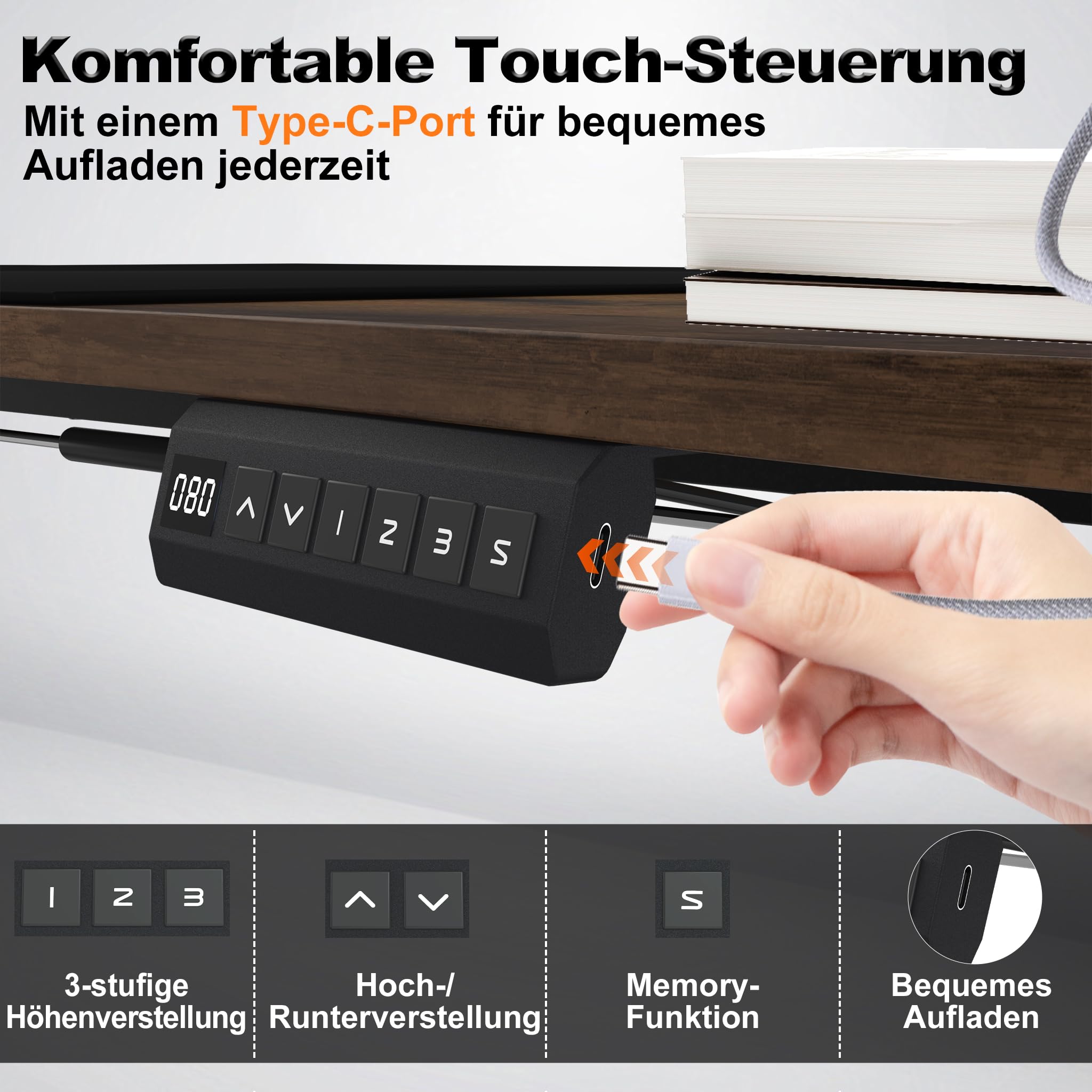 FIVMEN Höhenverstellbarer Schreibtisch 140x60 cm Elektrisch Computertisch Bürotisch mit Typ-C Ladeanschluss, Kopfhörerhake und Getränkehalter Elektrischer Steh-Sitz Tisch mit Memory-Funktion, Braun