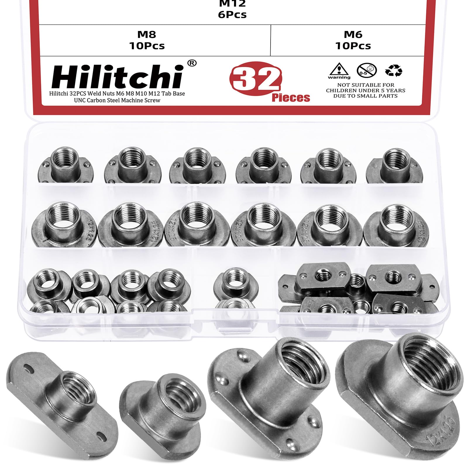 Hilitchi 32 tuercas de soldadura en forma de T, M6 M8 M10 M12 Base de lengüeta UNC Tuercas de soldadura de acero al carbono Tornillo de máquina 2 proyecciones 4 tuercas de soldadura de base de
