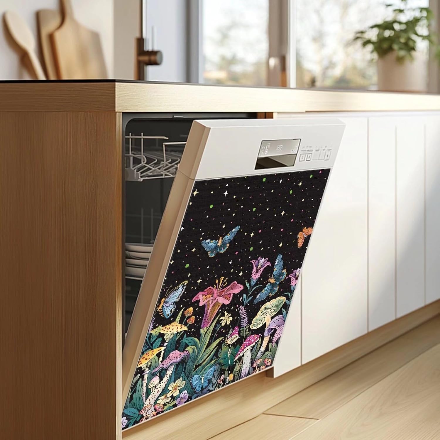 Magnetic Dishwasher Cover Panel, 21 W x 25 H Inch Flower Butterfly Dishwasher Magnet Covers Refrigerator Decal Panels Kitchen Appliances Decorative Stickers