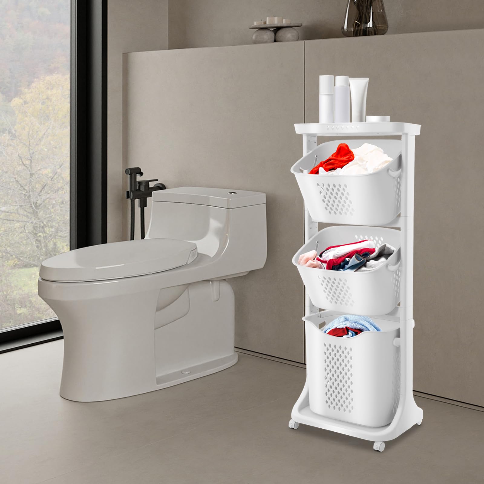 3 Fächer Wäschekorb Wäschekorbwagen Mehrstöckig Kunststoff Wäschekorb mit Rollen Laundry Basket Kunststoffkorb für Wäsche Wäschebox Wäschesammler Aufbewahrung Kleidung und Spielzeug, Weiß