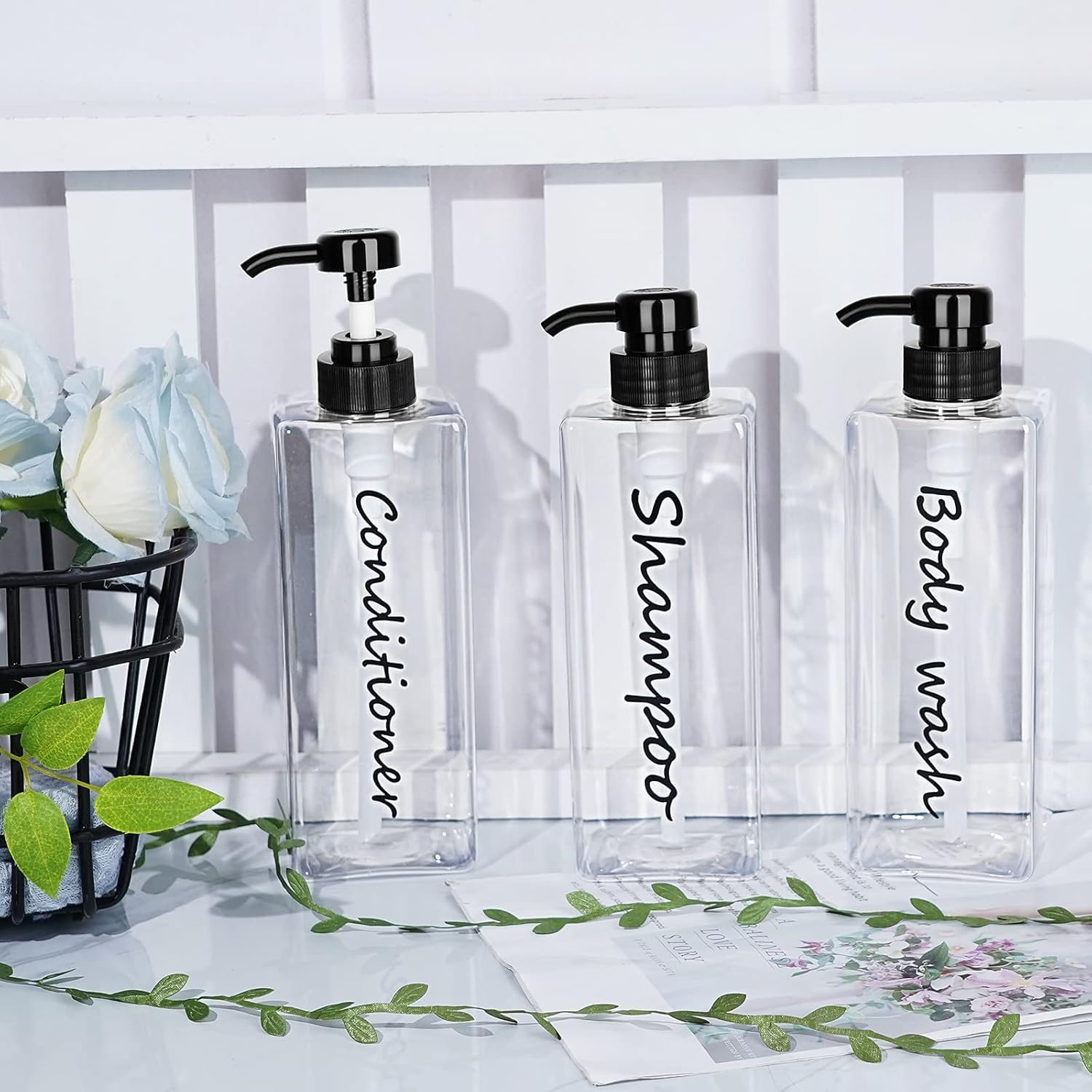 Dispensador de champú, botellas recargables de champú y acondicionador (transparente, juego de 3, 21 onzas) - Botellas de champú modernas para jabón de ducha - Dispensador de champú y acondicionador