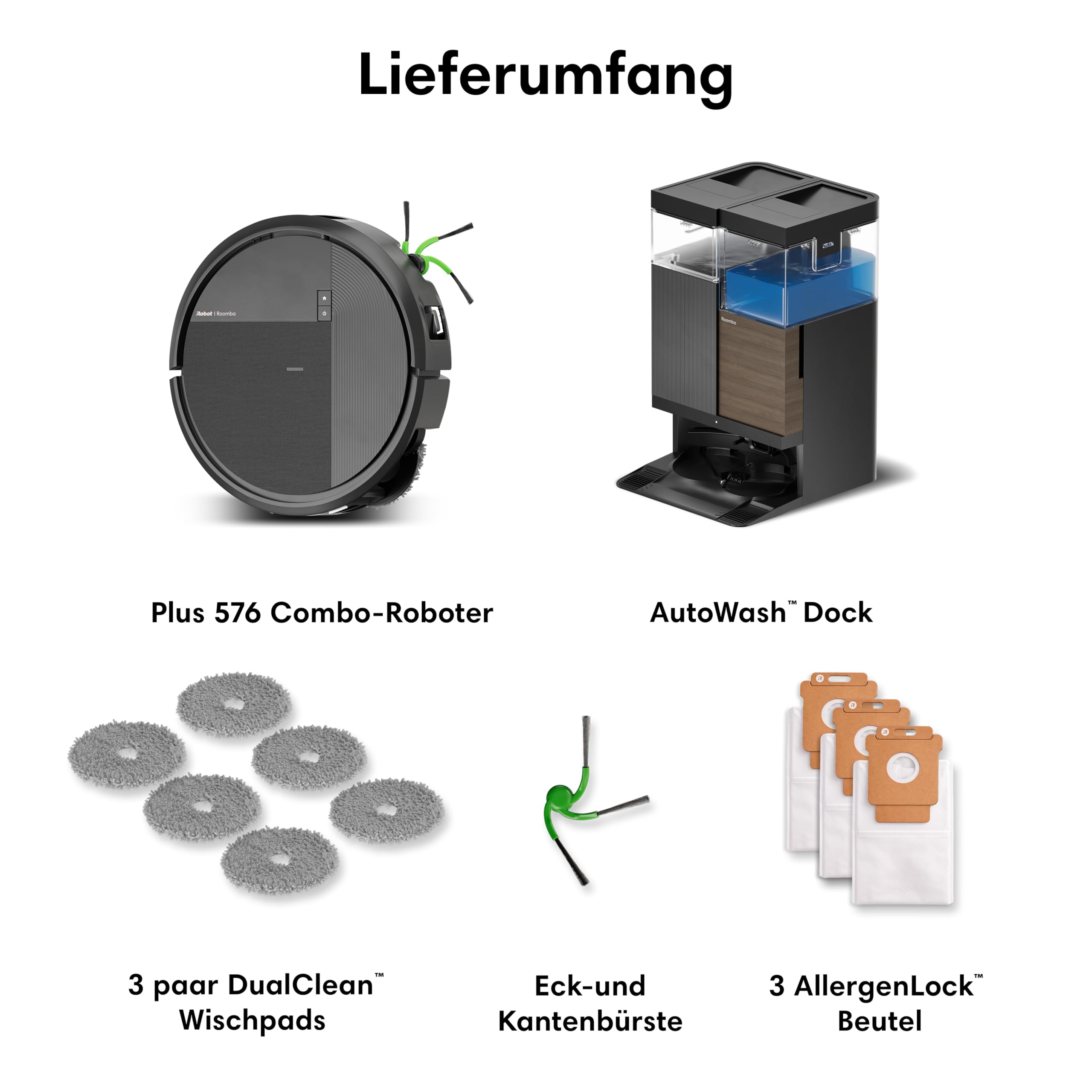 iRobot Roomba® Plus 576 Combo Roboter + AutoWash™ Dock, 25Kpa, Multifunktions‑Dock, Clearview LiDAR+Kamera, Entleert-Sich, Zusätzliches Zubehör, Schwarz