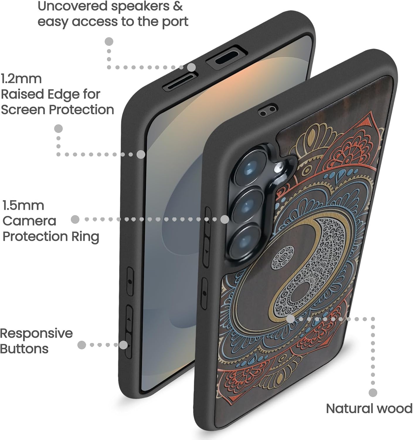 Magnetic for Samsung Galaxy S25 Case Compatible with MagSafe Wireless Charging, Natural Black Wood Cover & Shockproof TPU Case, Hand-Drawn Pattern - Yin Yang Balance
