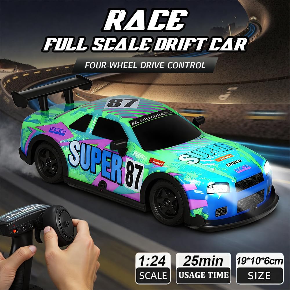 KBIBCK RC Drift Car 1:22, 2.4Ghz Remote Control Car with Cool Lights & Spare Tires, 30km/h High Speed 4WD Racing RC Drifting Cars, Rechargeable RCs Racing Cars for Adults Kids Drift and Race (Green) - Image 4