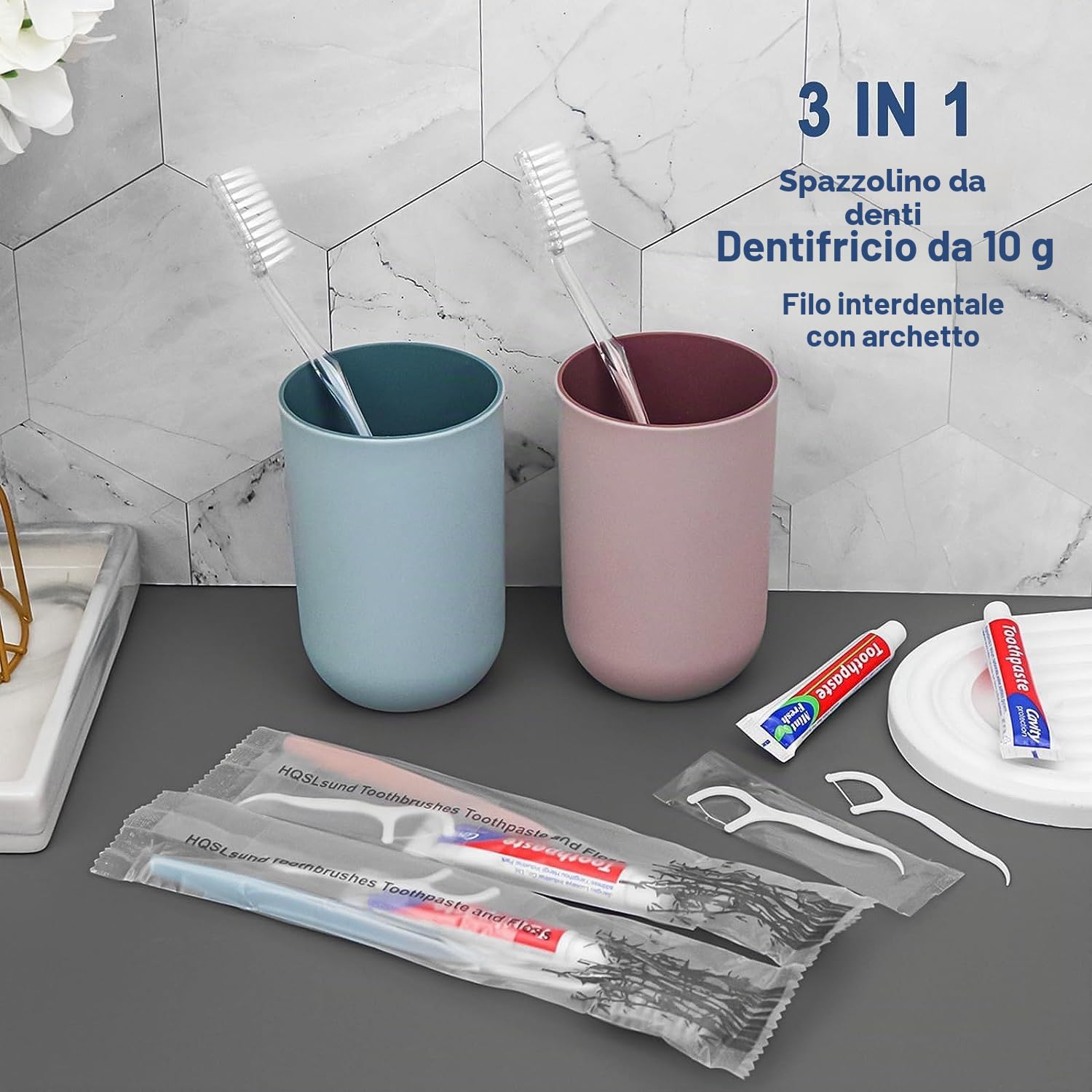 100 pacchetti di spazzolini da denti monouso di massa a 2 colori con filo interdentale, confezionati singolarmente, 10 g di dentifricio
