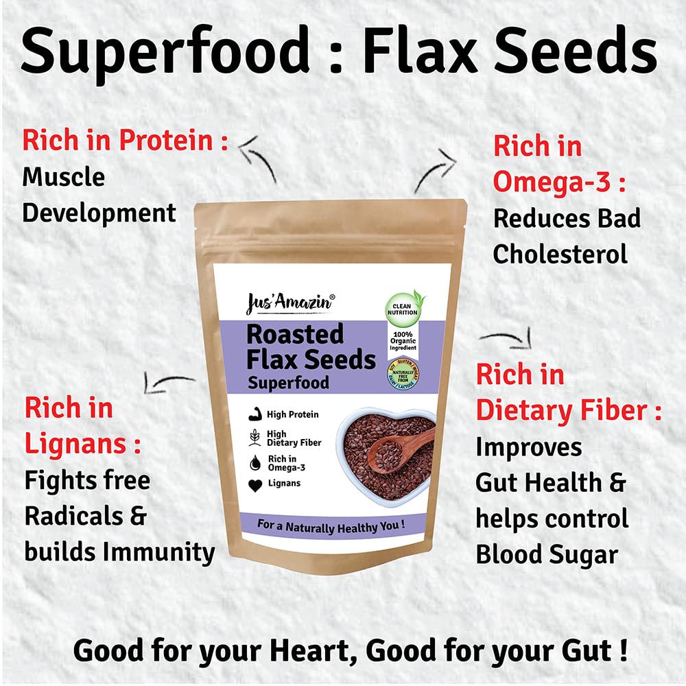 Jus' Amazin Roasted Flax Seeds (500 g) | Hi Fiber | Omega-3 | Heart Health | Weight Loss | Cholesterol Management | Hi Protein | 100% Natural | Clean Nutrition - Image 4 thumbnail