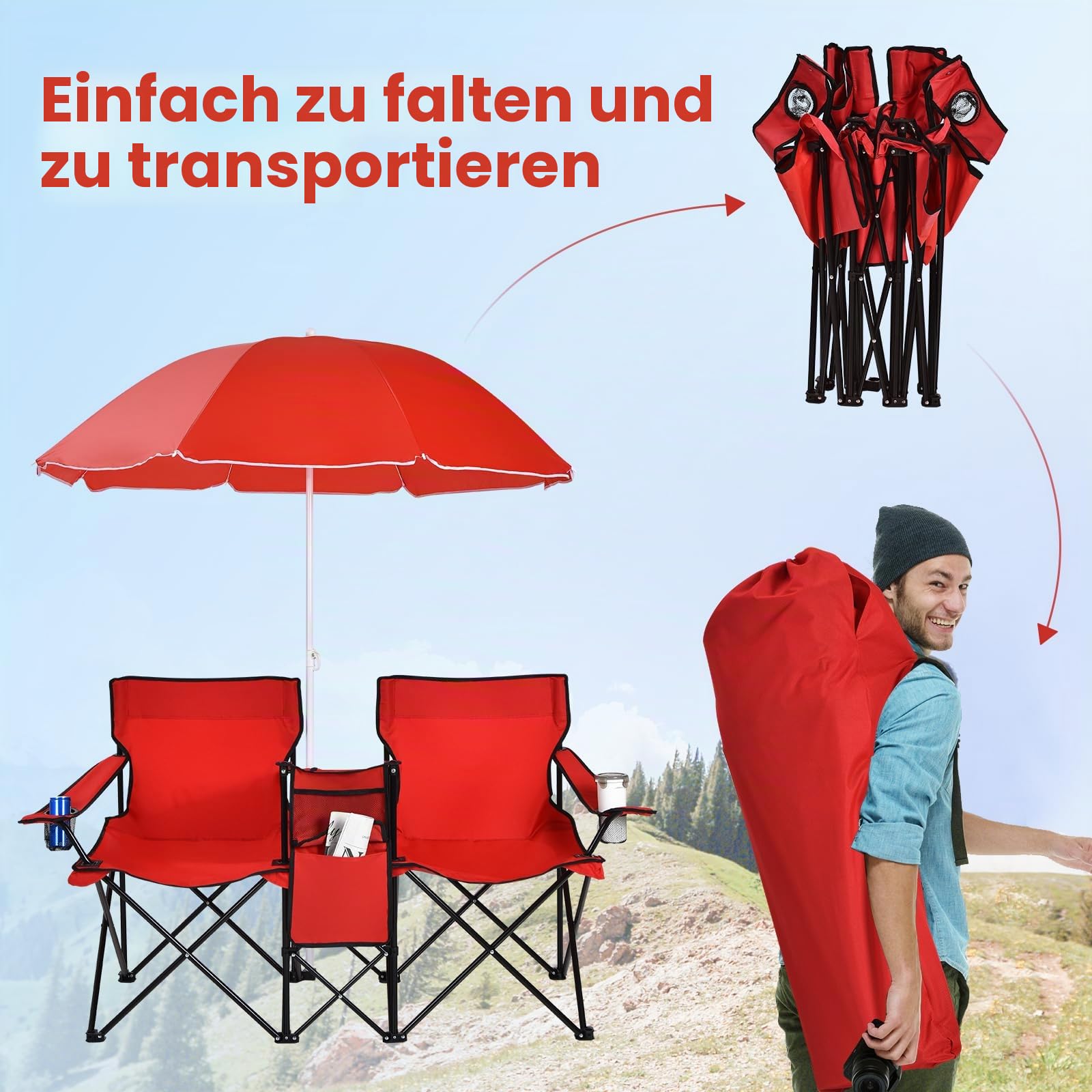 GIANTEX 2er Partner Campingstuhl mit Sonnenschirm, klappbarer Doppel Angelstuhl mit Getränkehalter & Kühltasche, Klappstuhl für 2 Personen, Anglerstuhl in Tasche, Faltstuhl Doppelsitzer
