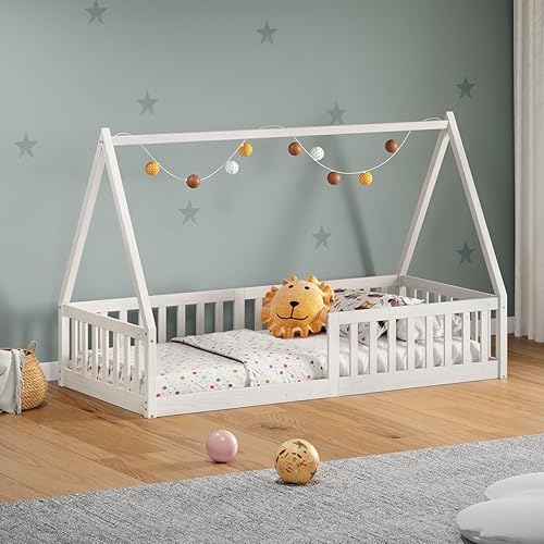 IDIMEX Cama Infantil Madeira Branco Grade Montessori Casinha de Chão Nicolas