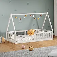 IDIMEX Cama Infantil Madeira Branco Grade Montessori Casinha de Chão Nicolas