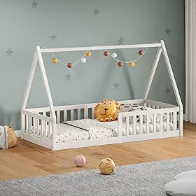 IDIMEX Cama Infantil Madeira Branco Grade Montessori Casinha de Chão Nicolas
