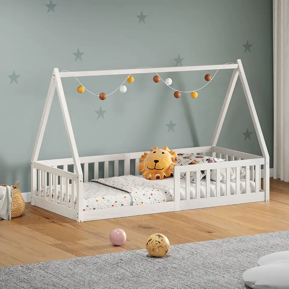 IDIMEX Cama Infantil Madeira Branco Grade Montessori Casinha de Chão Nicolas