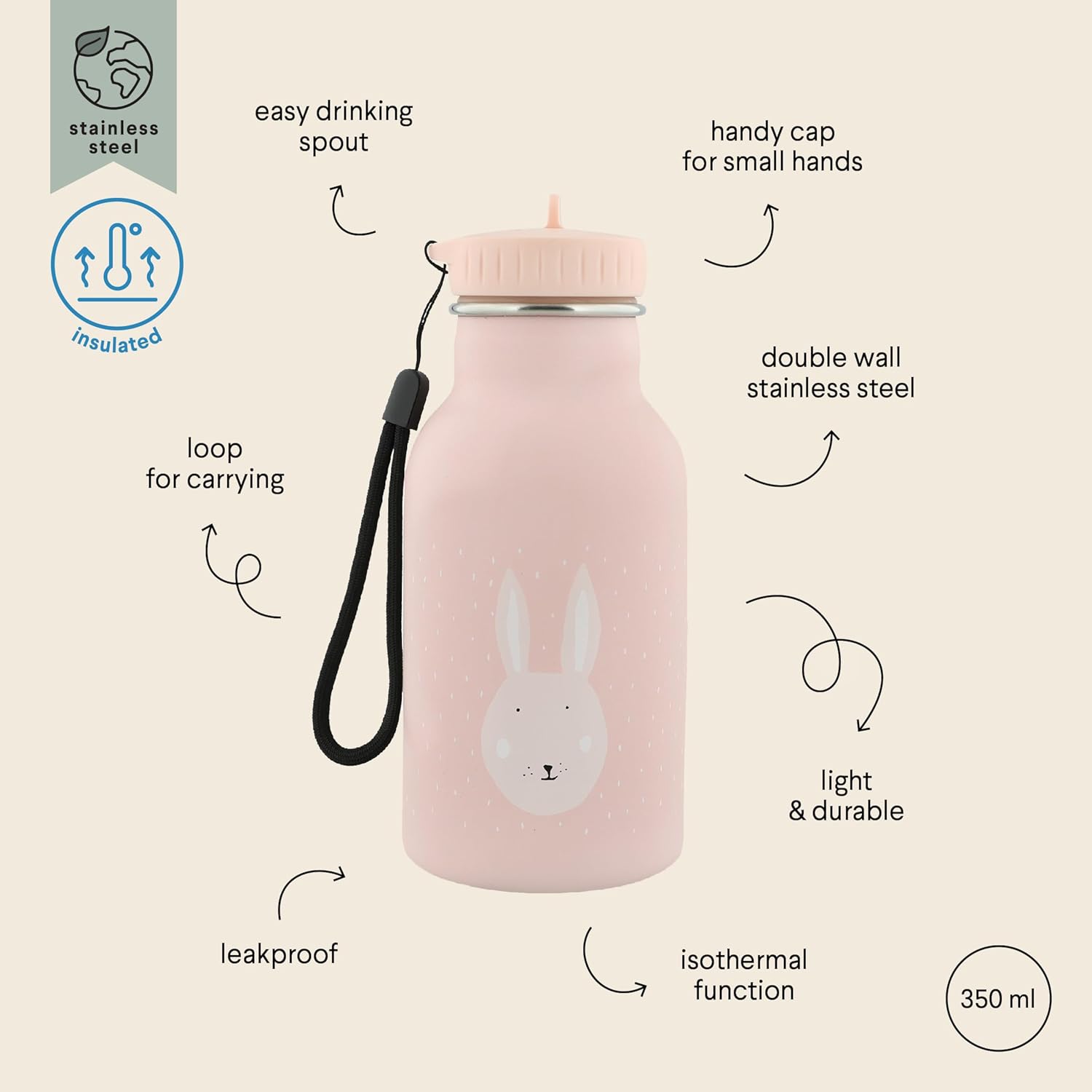 Trixie - Insulated Water Bottle for Kids Stainless Steel 350ml (Mrs. Rabbit (Rabbit)