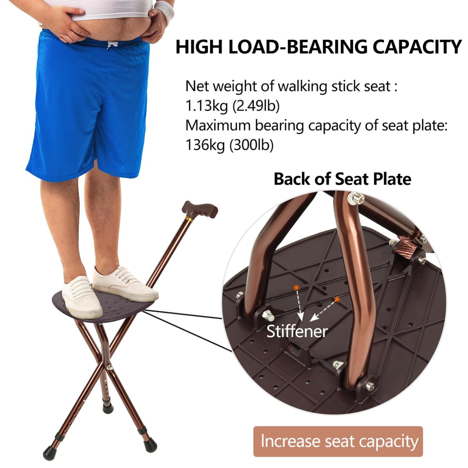 Bastón Silla Plegable Adulto Mayor Ideal Para Caminar Viajar Bastón Con Asiento Portátil, Regulable Asiento De Bastón De Aleación De Aluminio Antideslizante Capacidad De 120Kg Brown