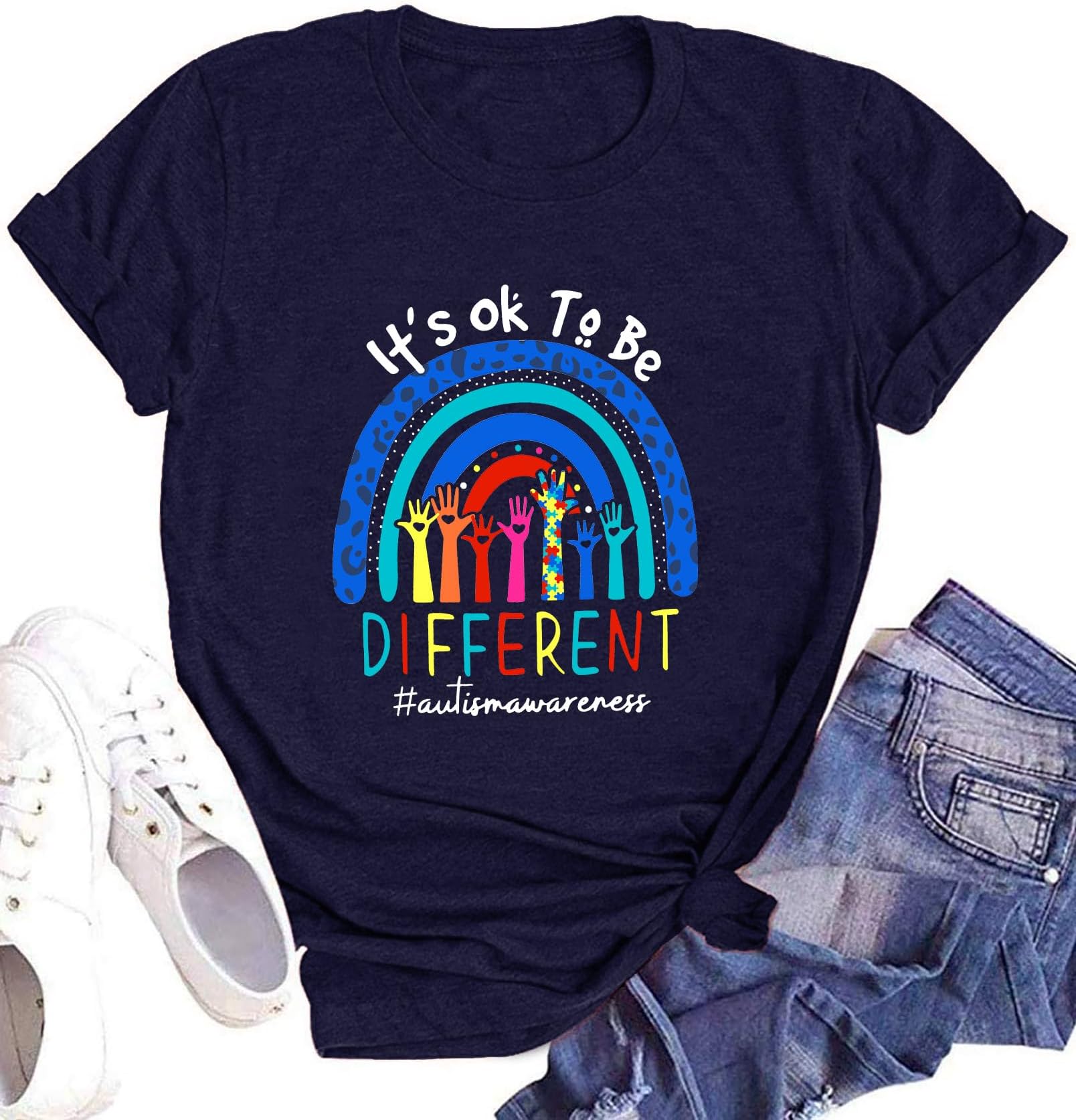 hohololoAutism Awareness T Shirt for Women It's ok to be Different Rainbow Graphic Tee Autistic Support Tops