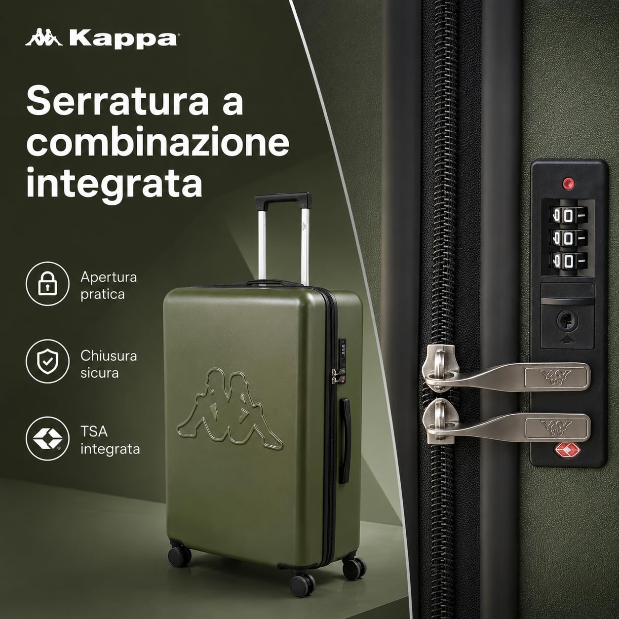 Kappa Set 3 Valigie Rigide in Policarbonato, Trolley da Viaggio 55/65/75 cm con 4 Ruote Girevoli, Maniglie Telescopiche, Lucchetto TSA ed Espansione 352F57W, Verde