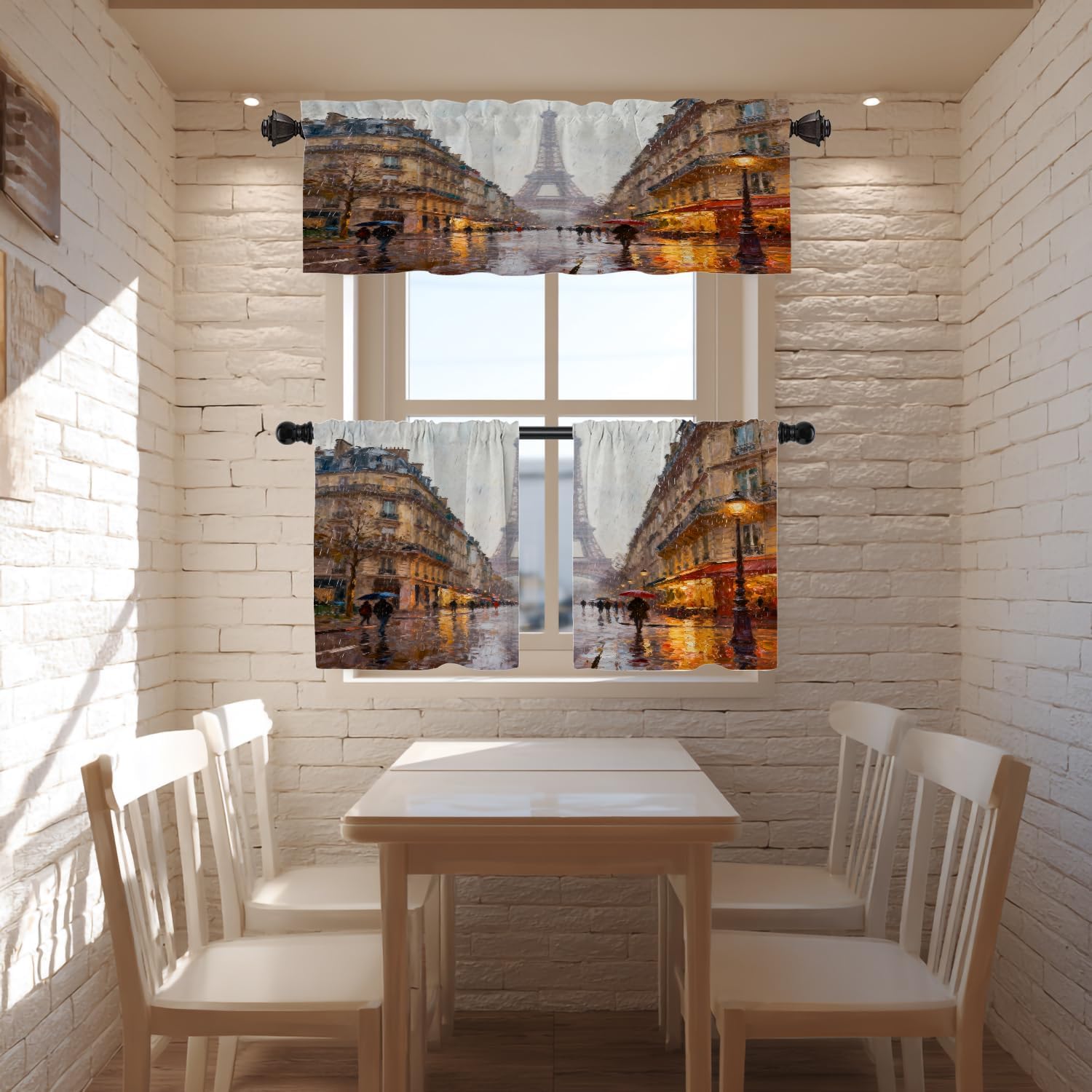 Pink Black Europe Oil Painting Kitchen Valances for Windows,Gray Modern Eiffel Tower Blackout Valances Curtains Multilayer Polyester Drapes for Kitchen Bedroom 2 Pack 52X16 Inches