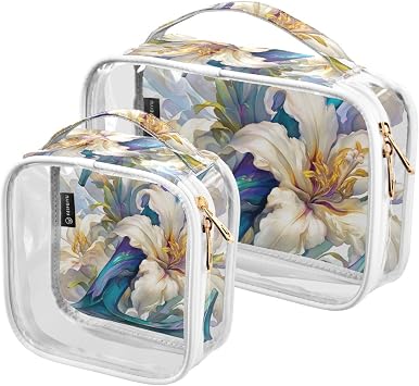 2 Pack Clear Decorative Hanging Travel Toiletry TSA Approved Floralmorphic Letter Z White Lily Flower Oil Painting Style Reusable Makeup Brush Bag Mens Shaving kit para maquillaje