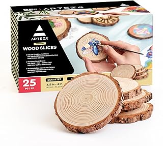 ARTEZA Natural Wood Slices, 3.5-4 Inch Diameter, Set of 25, Brown Round Pine Wood Discs with Bark for Crafts, Christmas Ornaments, Centerpieces
