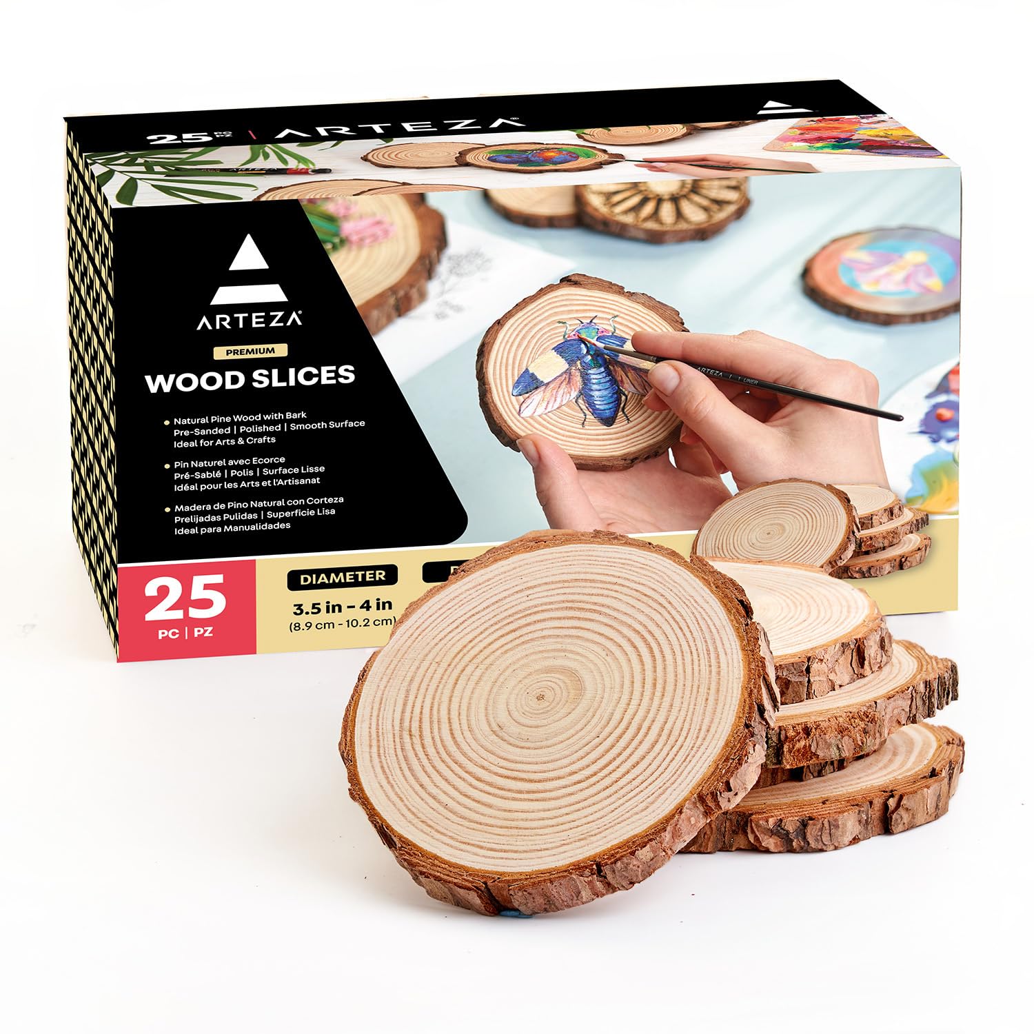 ARTEZA Natural Wood Slices, 3.5-4 Inch Diameter, Set of 25, Brown Round Pine Wood Discs with Bark for Crafts, Christmas Ornaments, Centerpieces