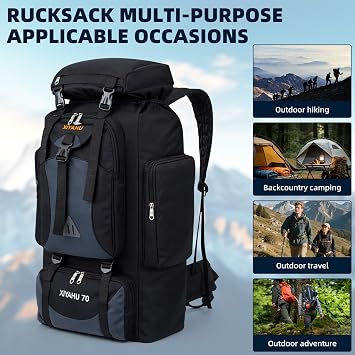 70L Hiking Camping Backpack Lightweight Internal Frame Camping Rucksack for Men & Women, Multi-Compartment Outdoor Trekking Backpack Waterproof for Outdoor Adventures, Travel, Mountaineering