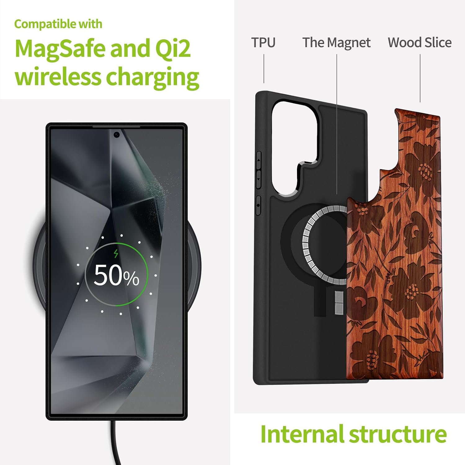 Carveit Magnetic Wooden Case for Samsung Galaxy S25 Ultra Case 2025, TPU Shockproof Cover & Wood Artisan Engraved, Compatible with MagSafe Wireless Chargers (Blooming Grace) Rosy