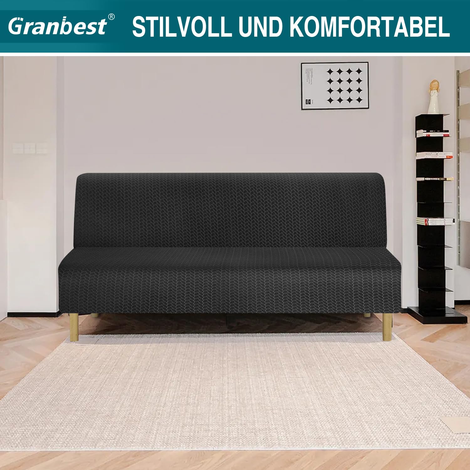 Granbest Housse de futon épaisse à haute élasticité - Sans bras - Nouveau motif - Pour canapé-lit plissé - Antidérapante - Sans accoudoirs - Futon - Noir