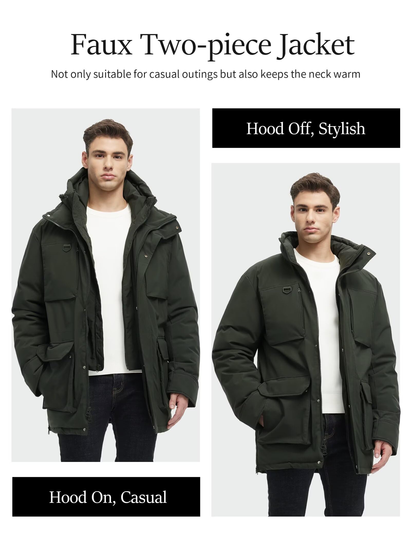 Rejork Long Winter Jackets for Men Faux Two-Piece Waterproof Parka Snow Warm Coats with Hood L