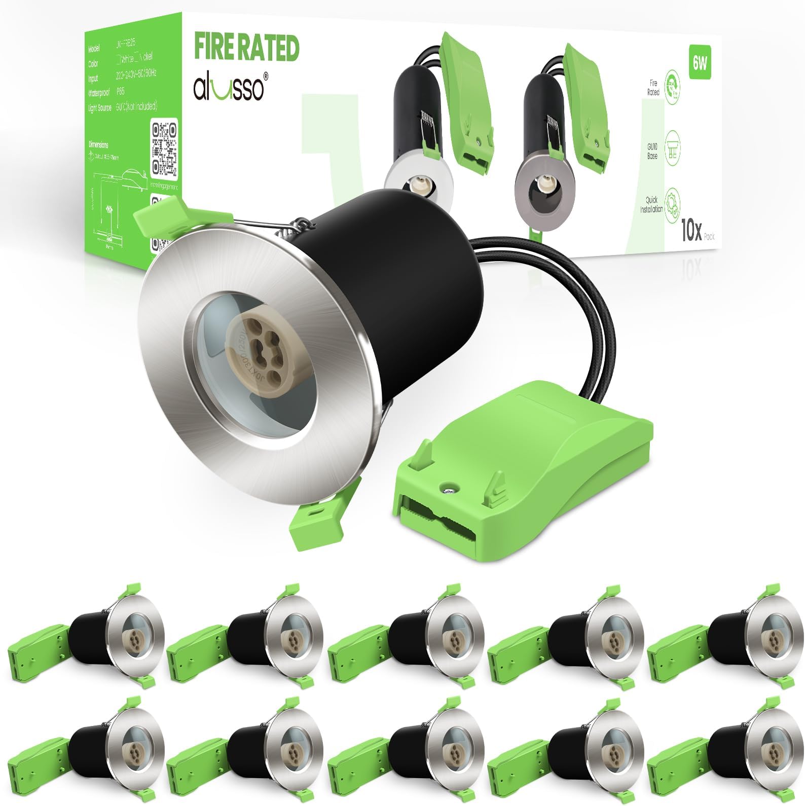LED Fire Rated Downlight Can GU10 Recessed Ceiling, Twist & Lock Downlight IP65 Waterproof Spotlight, Face Ring with Glass Stopper, for Bathroom, Kitchen, Nickel, 10pack (Not Included Bulb)