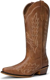 DREAM PAIRS Women's Cowboy Cowgirl Western Mid Calf Boots | Pointed Toe Boots for Women, Low Chunky Heel for Country Music Festivals Theme Party and Concert, Embroidered