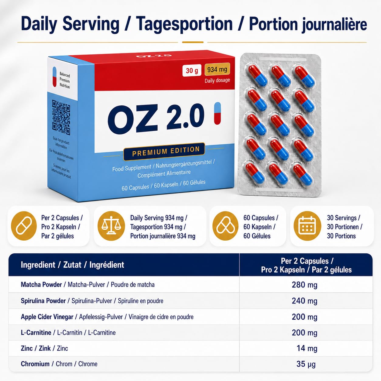 OZ 2.0 Premium Complément Alimentaire + Zinc, Chrome, Vinaigre de Cidre, L-Carnitine, Matcha et Spiruline – 60 Gélules