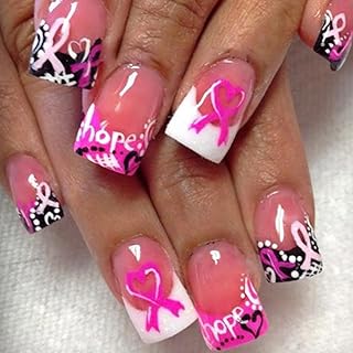 Breast Cancer Press on Nails Medium Square Fake Nails with Design Pink French Tips Glue on Nails Pink Ribbon Stick on Nails Glossy Reusable Bow False Nails for Women Girls Manicure 24pcs