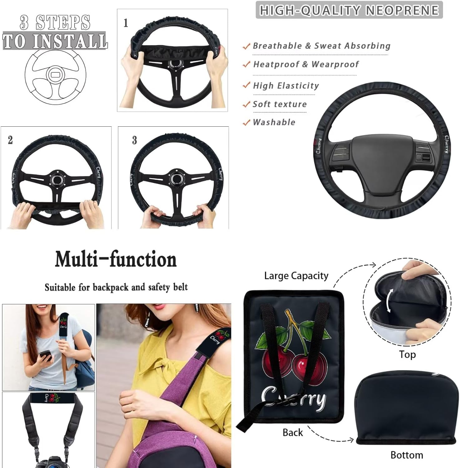 Cherry Car Interior Seat Covers 15 Pcs Easy to Install Auto Accessories with Seat Belt Cover, Steering Wheel Cover, Cup Holder, Key Chain, Car Decor Gift for Holiday