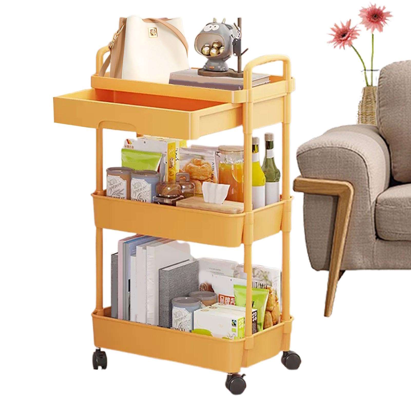 Carrello a 3 livelli | Carrello portaoggetti con cassetti, scaffale con ruote, carrello portaoggetti da cucina a 3 ripiani, organizzazione della casa