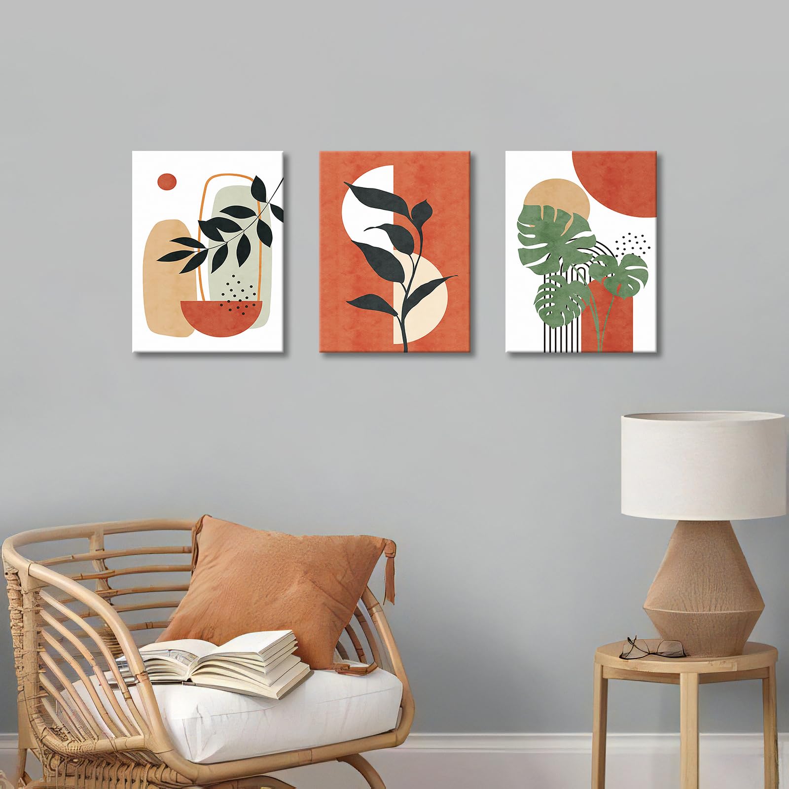 3Pcs Wooden Framed Boho Canvas Wall Art Orange Abstract Leaves And Sun Painting Canvas Prints Nordic Minimalist Geometric Picture for Living Room Bedroom Hallway Home Wall Decor 90x40cm(12"x16"x3pcs) - Image 2