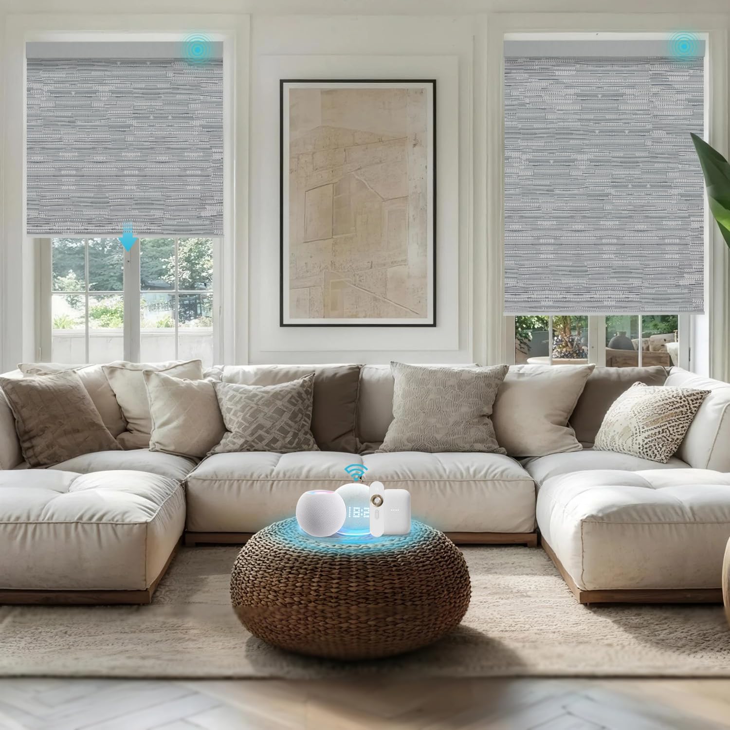 Custom Motorized Blinds, 100% Blackout Smart Roller Shades for Windows, Automatic Electric Blinds with Remote, Homekit Alexa Compatible, Solar Power & Rechargeable Battery (Jacquard Grey)