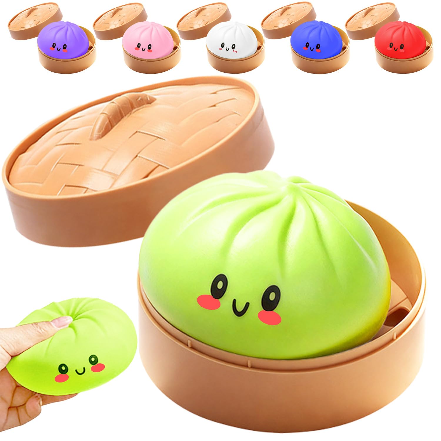 Dumpling Squishy Toy, New Cute Glitter Dumpling Squishy Ball with Plastic Steamer Box, Giant Mystery Dumpling Squishy, Sensory Anxiety Relief Squeeze Toy for Kids & Adults Ages 3+ (Green)