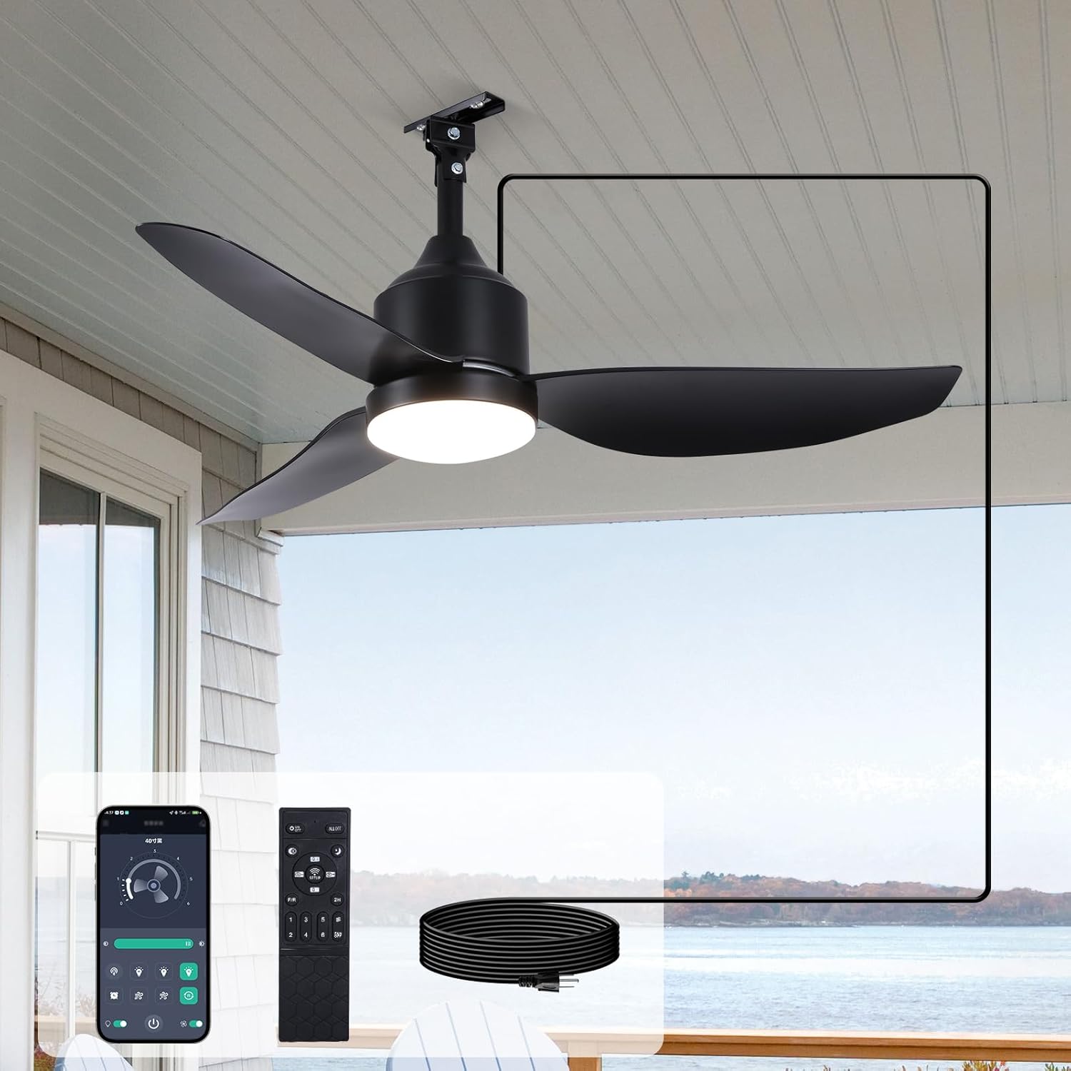Outdoor Ceiling Fan with Light, 42 Inch Black Waterproof Outdoor Patio Fan with Remote Control, Reversible Quiet DC Motor, 3-Color Dimmable LED for Gazebo, Porch